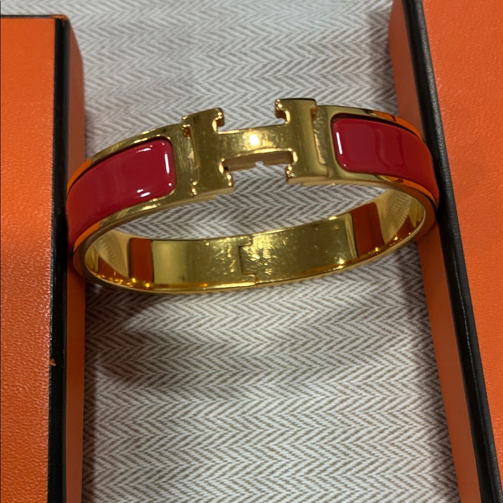 Preloved Vintage Hermes Clic Gold and Red Enamel Bracelet